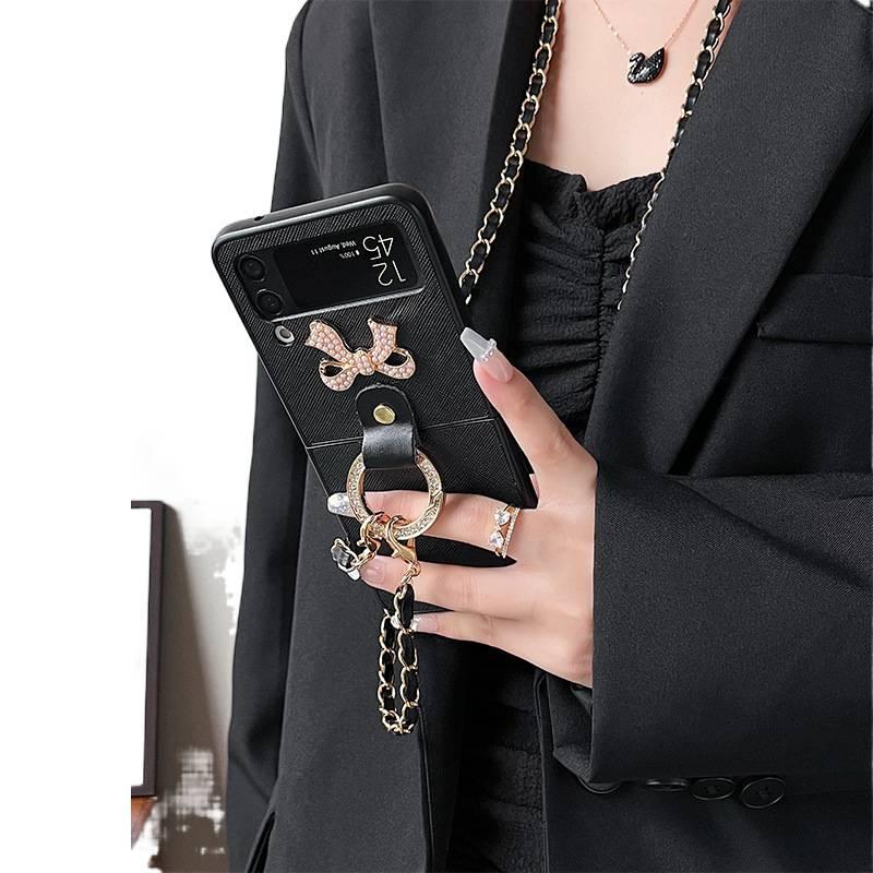 PC Protective Case for Samsung Galaxy Z Fold 7 with Electroplated Metal Bow and Crossbody Chain plus Flip Cover plus Rhinestone Decoration in White - Image 3