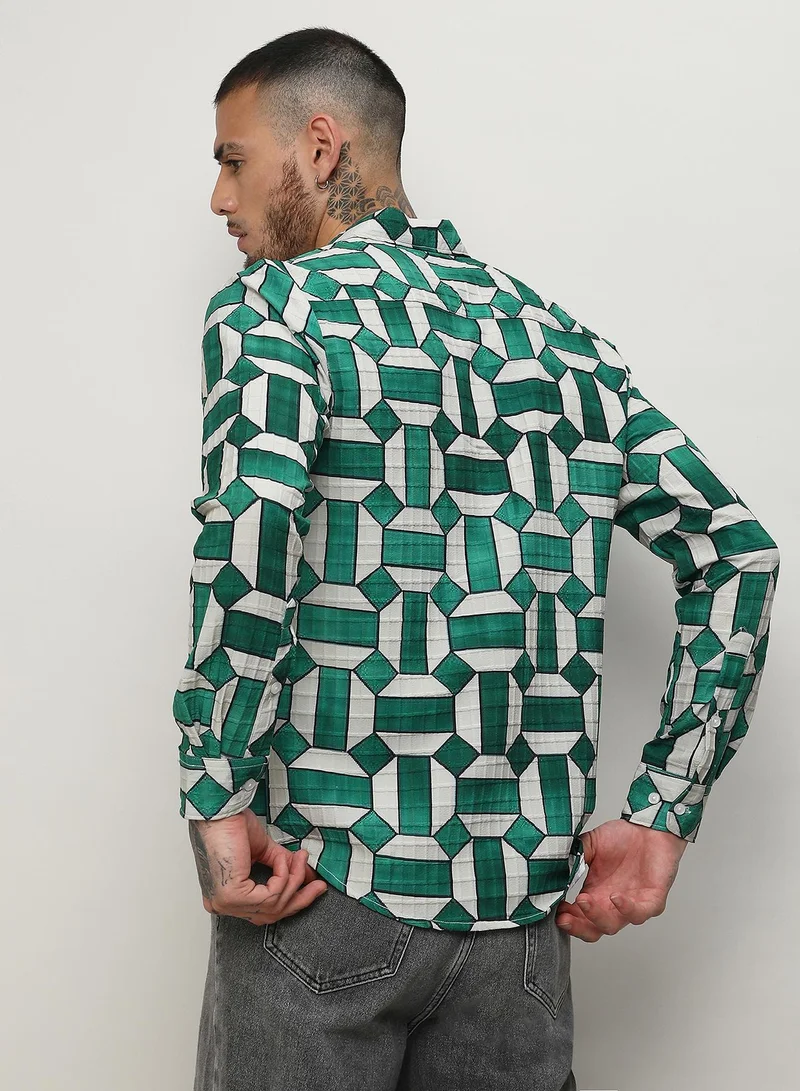 Campus Sutra Men's Emerald Green & Ivory White Contrast Block Shirt