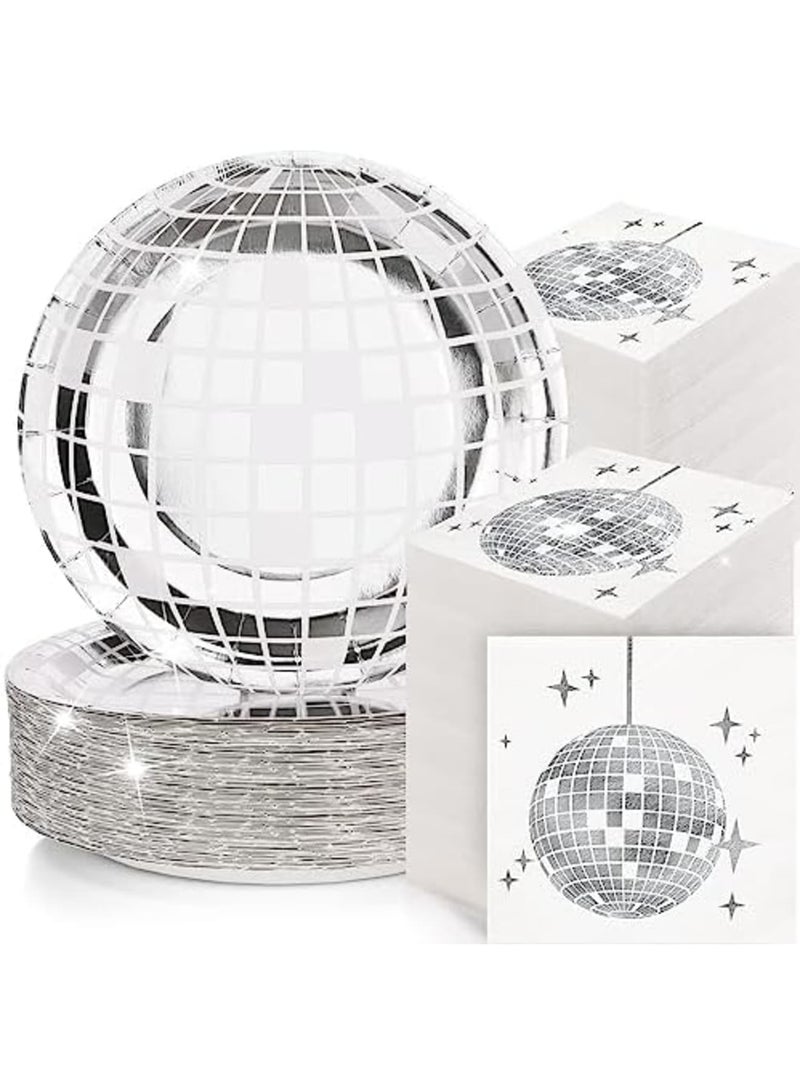 SYOSI 200 Pcs 70s Disco Party Supplies Includes Disco Ball Paper Plates and Disco Napkins Silver Disco Paper Plates Disco Napkins for 80s 90s Disco Bachelorette Birthday Party Picnic (White) - Image 1