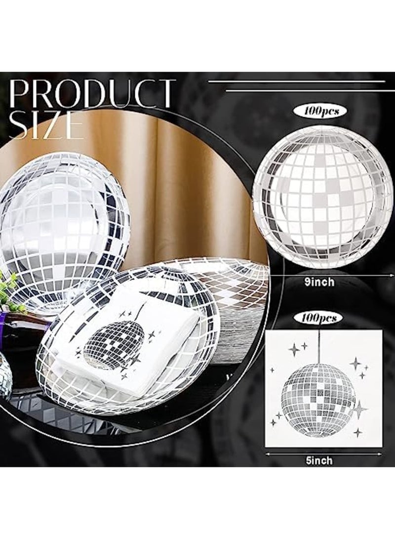SYOSI 200 Pcs 70s Disco Party Supplies Includes Disco Ball Paper Plates and Disco Napkins Silver Disco Paper Plates Disco Napkins for 80s 90s Disco Bachelorette Birthday Party Picnic (White) - Image 4