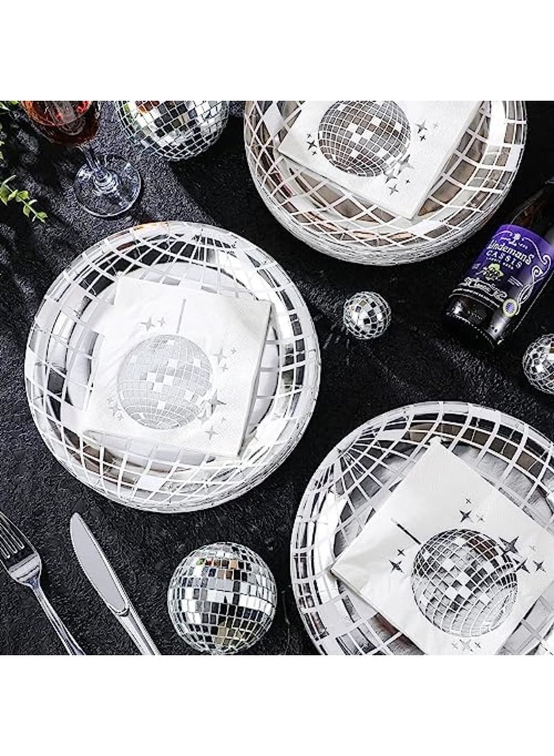 SYOSI 200 Pcs 70s Disco Party Supplies Includes Disco Ball Paper Plates and Disco Napkins Silver Disco Paper Plates Disco Napkins for 80s 90s Disco Bachelorette Birthday Party Picnic (White) - Image 2