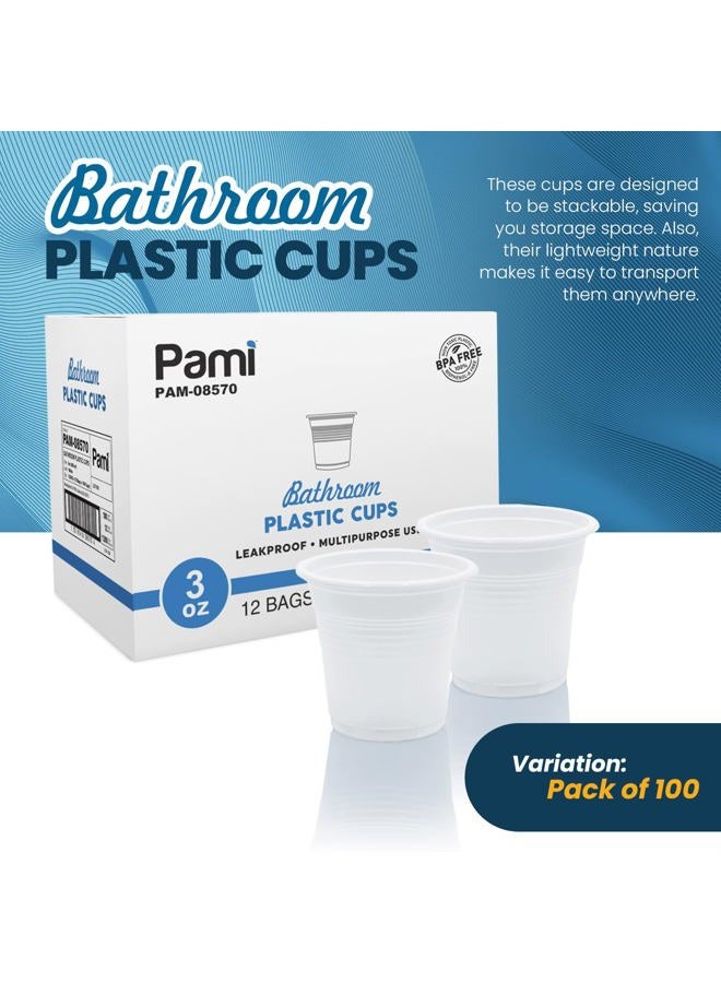 PAMI Plastic Bathroom Cups, 3oz [Pack of 100]- Disposable Mini Mouthwash Cups- Food-Safe & BPA-Free Rinse Cups- Multipurpose & Leakproof Stackable Bath Cups- Great for Medicine, Espresso, Shots - Image 2