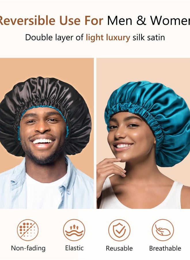 mikimini Satin Bonnet for Men and Women, Reversible Double Layer Sleeping Bonnet for Hair Braids with Anti-slip Adjustable Elastic Band Super Soft (XL, Black/Blue)  - Image 4