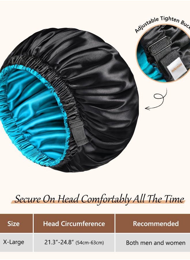 mikimini Satin Bonnet for Men and Women, Reversible Double Layer Sleeping Bonnet for Hair Braids with Anti-slip Adjustable Elastic Band Super Soft (XL, Black/Blue)  - Image 2