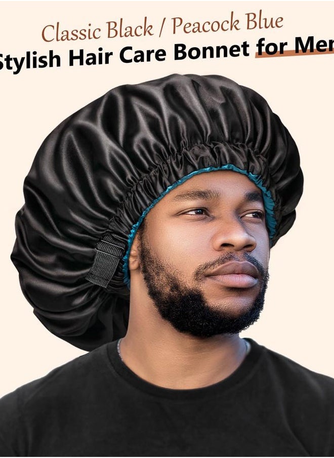 mikimini Satin Bonnet for Men and Women, Reversible Double Layer Sleeping Bonnet for Hair Braids with Anti-slip Adjustable Elastic Band Super Soft (XL, Black/Blue)  - Image 3
