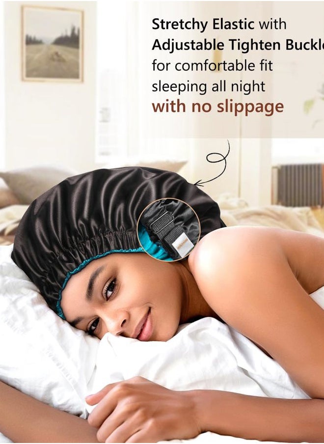 mikimini - Satin Bonnet for Men and Women, Reversible Double Layer Sleeping Bonnet for Hair Braids with Anti-slip Adjustable Elastic Band Super Soft (XL, Black/Blue) - Image 1