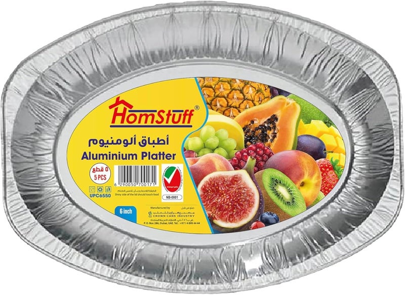 HomStuff Disposable Aluminium Food Serving Platter 6550, 6 inch, 5 Pieces, Silver