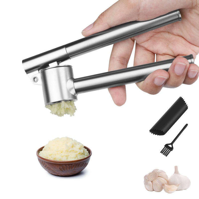 SEUPROPRA Garlic Press Garlic Mincer  Crusher Stainless Steel Garlic Press Set for Kitchen with Brush  Peeler Kitchen for Garlic Garlic Presser Easy to Clean Easy Squeeze Rust Proof Small A  Set
