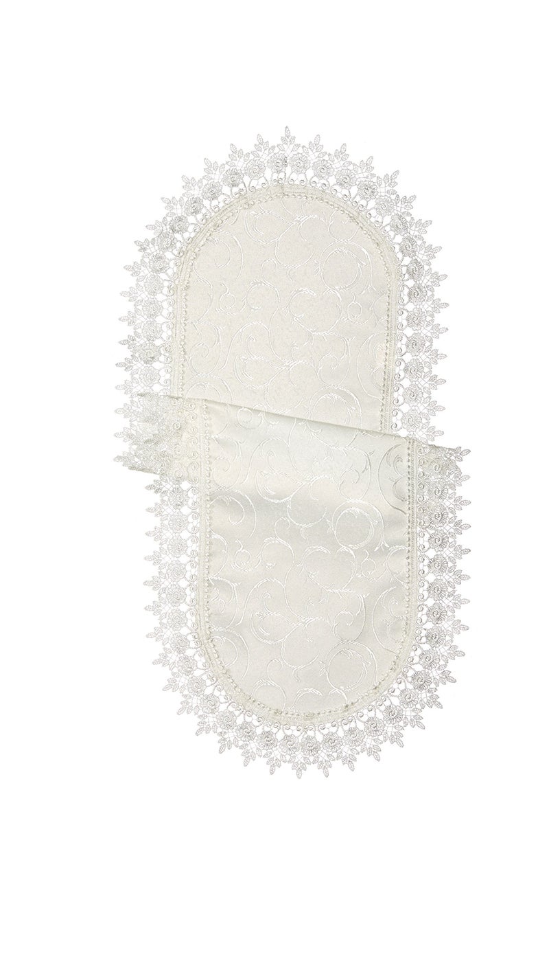 Violet Linen Flower Bow Embroidered Lace Vintage Design Table Runner 14 x 36 Color Ivory