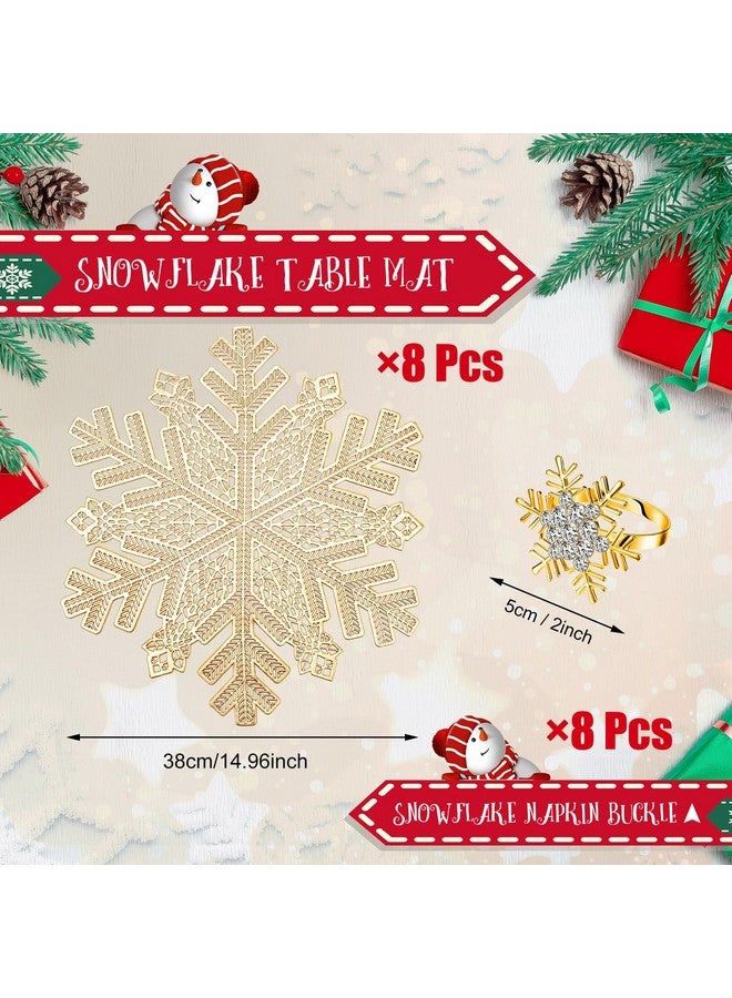 Meanplan Set of 16 Christmas 8 Snowflake Placemats 8 Snowflake Metal Napkin Ring Vinyl Metallic PVC 15 Inch Placemats Festival Holiday Party Wedding Table Decorations(Gold) - Image 2