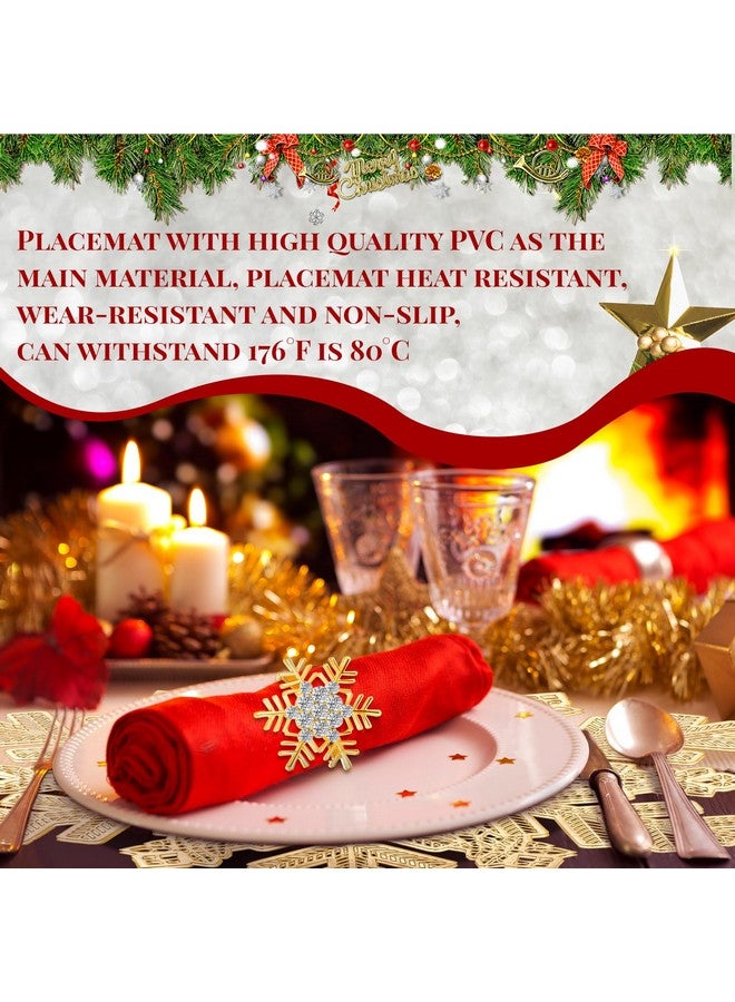 Meanplan Set of 16 Christmas 8 Snowflake Placemats 8 Snowflake Metal Napkin Ring Vinyl Metallic PVC 15 Inch Placemats Festival Holiday Party Wedding Table Decorations(Gold) - Image 3