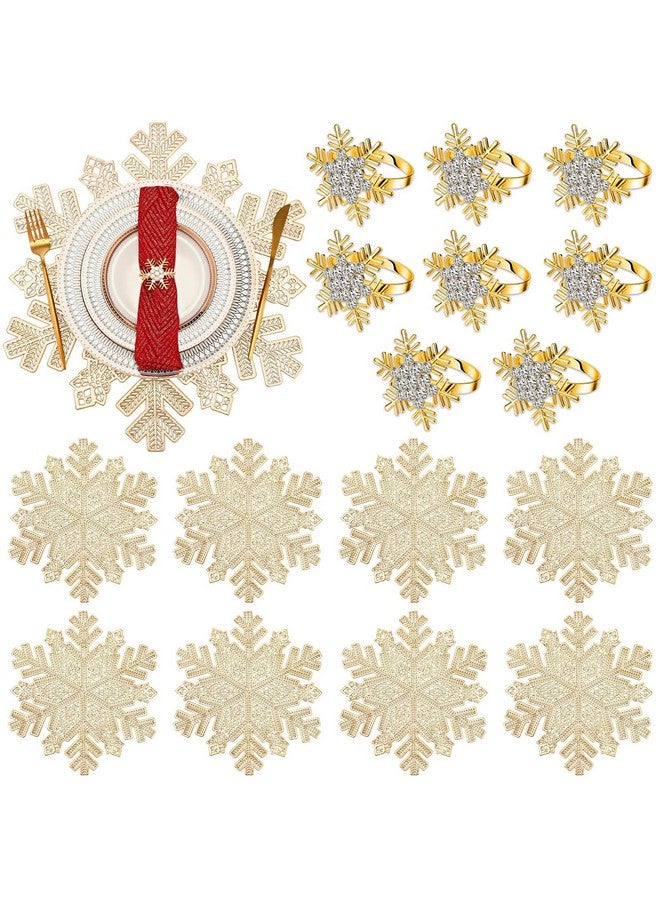 Meanplan Set of 16 Christmas 8 Snowflake Placemats 8 Snowflake Metal Napkin Ring Vinyl Metallic PVC 15 Inch Placemats Festival Holiday Party Wedding Table Decorations(Gold) - Image 1