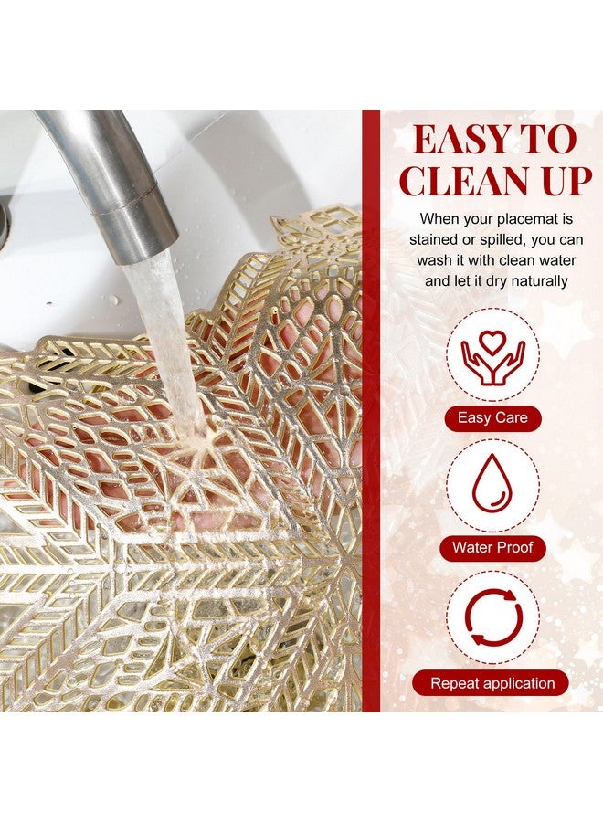 Meanplan Set of 16 Christmas 8 Snowflake Placemats 8 Snowflake Metal Napkin Ring Vinyl Metallic PVC 15 Inch Placemats Festival Holiday Party Wedding Table Decorations(Gold) - Image 4