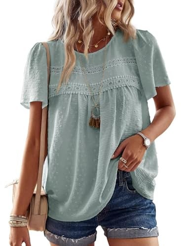 Falechay Womens Summer Tops Solid Blouses for Women Fashion 2025 Short Sleeve Boho Pullover Flowy Round Neck Tunic Fall Loose Grey Green L - Image 1