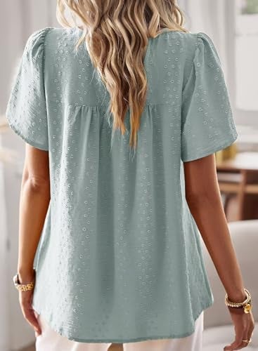 Falechay Womens Summer Tops Solid Blouses for Women Fashion 2025 Short Sleeve Boho Pullover Flowy Round Neck Tunic Fall Loose Grey Green L - Image 3