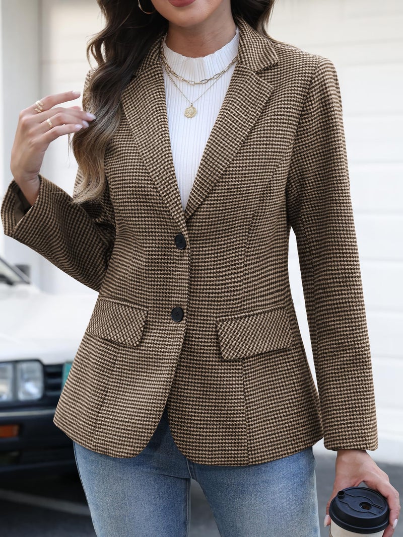 ELLEVEN Womens Casual Plaid Blazer Lapel Collar Double Button Long Sleeve Boyfriend Blazer Suit Houndstooth Plaid Blazer Jacket Business Work Office Blazer Suits Coffee Houndstooth Large - Image 4