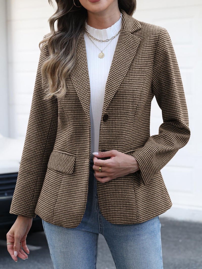 ELLEVEN Womens Casual Plaid Blazer Lapel Collar Double Button Long Sleeve Boyfriend Blazer Suit Houndstooth Plaid Blazer Jacket Business Work Office Blazer Suits Coffee Houndstooth Large - Image 2