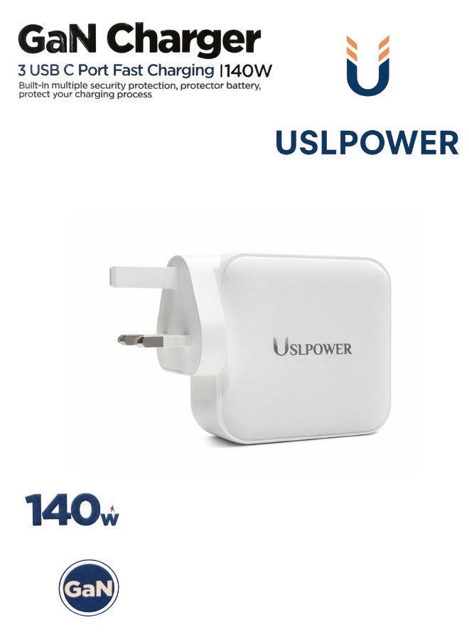 USLPOWER Power Adaptor 140W GaN Fast Charger, USB-C PD Multi-Port Wall Charger, Laptop & Mobile Fast Charging Adapter, Compatible with MacBook Pro/Air, iPhone, Samsung Galaxy, Tablets & Laptops - Image 2