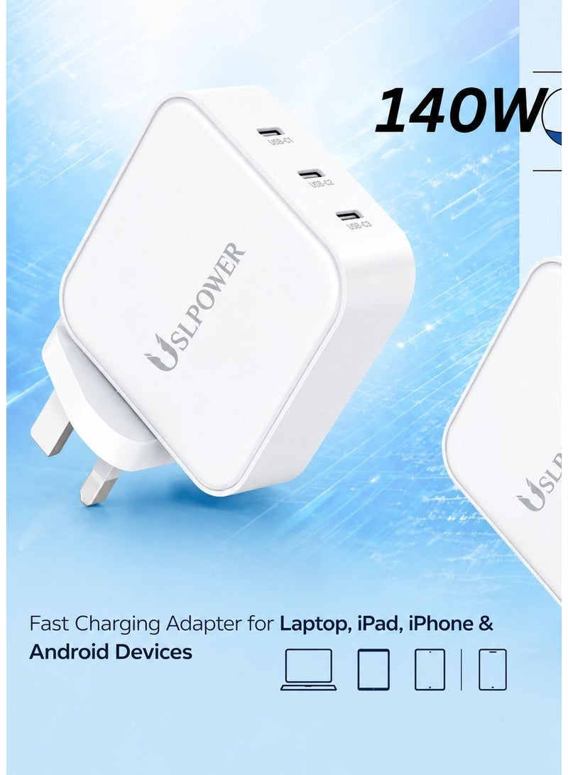 USLPOWER Power Adaptor 140W GaN Fast Charger, USB-C PD Multi-Port Wall Charger, Laptop & Mobile Fast Charging Adapter, Compatible with MacBook Pro/Air, iPhone, Samsung Galaxy, Tablets & Laptops - Image 1