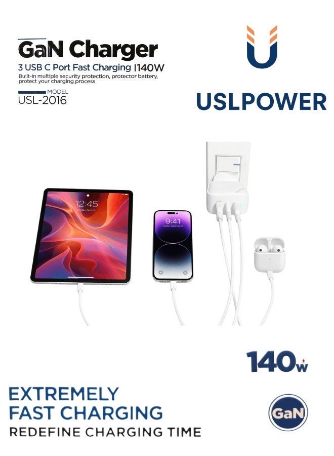 USLPOWER Power Adaptor 140W GaN Fast Charger, USB-C PD Multi-Port Wall Charger, Laptop & Mobile Fast Charging Adapter, Compatible with MacBook Pro/Air, iPhone, Samsung Galaxy, Tablets & Laptops - Image 3