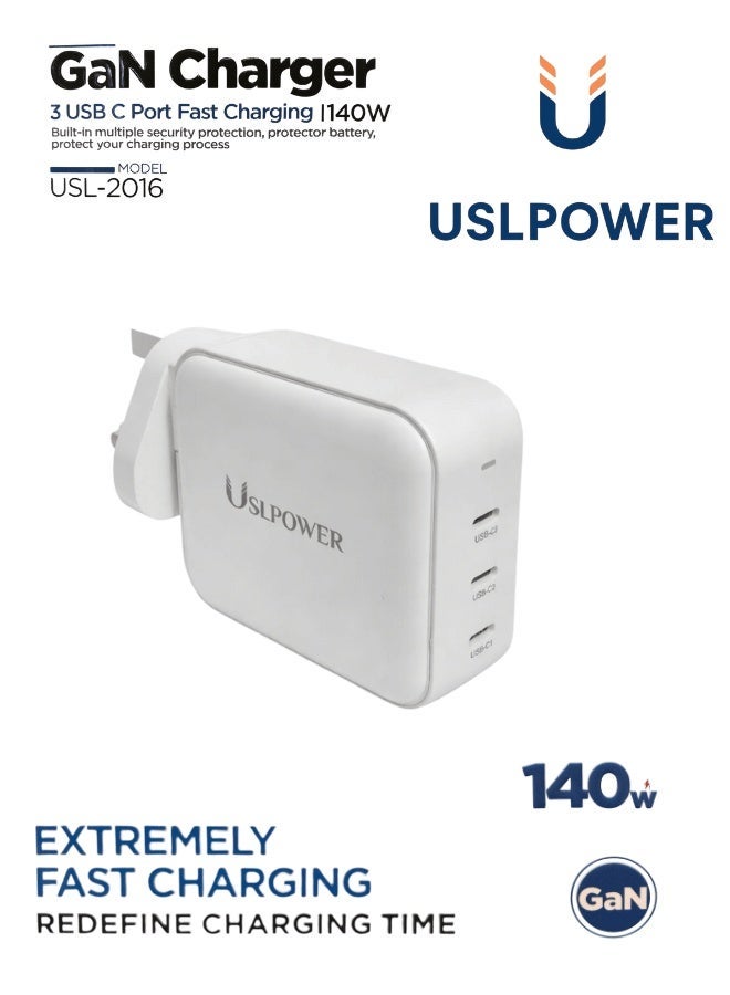 USLPOWER Power Adaptor 140W GaN Fast Charger, USB-C PD Multi-Port Wall Charger, Laptop & Mobile Fast Charging Adapter, Compatible with MacBook Pro/Air, iPhone, Samsung Galaxy, Tablets & Laptops - Image 4