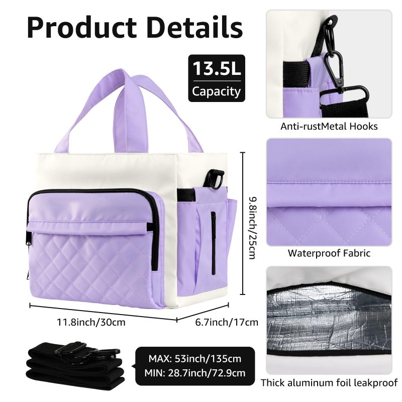 WAKOSAN Women's Insulated Lunch Box Bag - Stylish Tote Design, Leakproof Waterproof Lunch Cooler, Large Lunch Tote Bags for Work Commute & Dates (White-Purple) - Image 2
