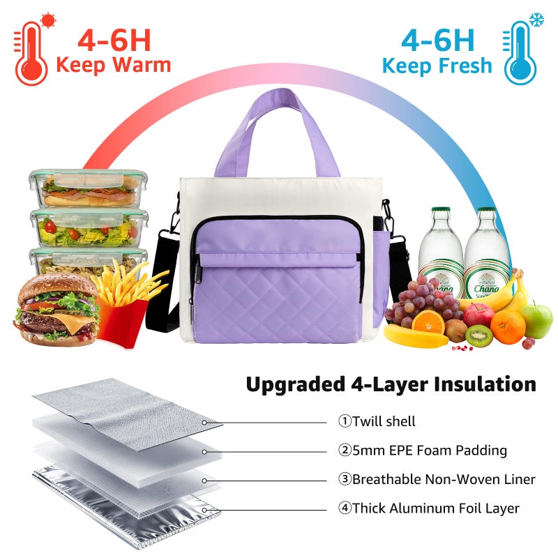 WAKOSAN Women's Insulated Lunch Box Bag - Stylish Tote Design, Leakproof Waterproof Lunch Cooler, Large Lunch Tote Bags for Work Commute & Dates (White-Purple) - Image 4