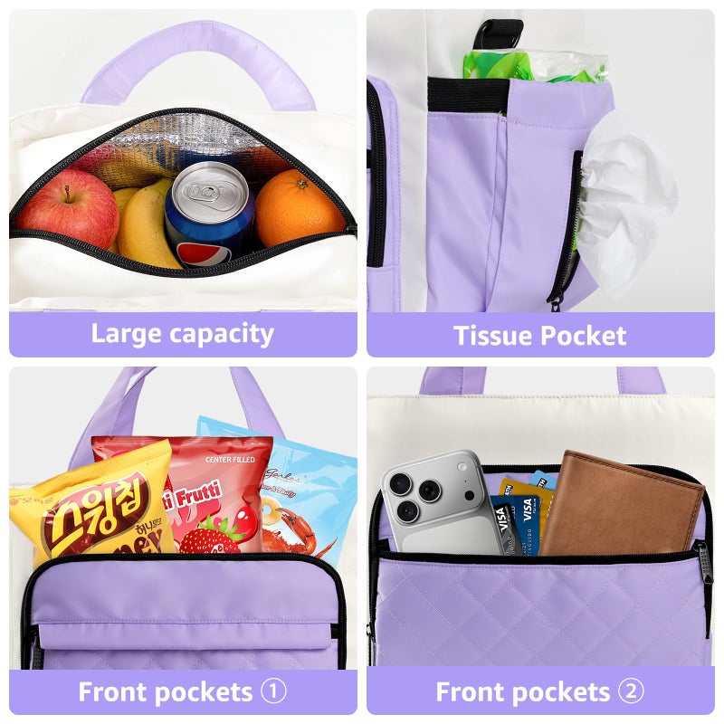 WAKOSAN Women's Insulated Lunch Box Bag - Stylish Tote Design, Leakproof Waterproof Lunch Cooler, Large Lunch Tote Bags for Work Commute & Dates (White-Purple) - Image 3