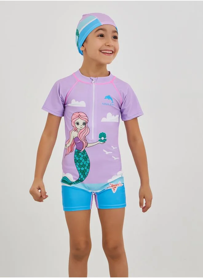 ستايلي Styli Graphic Print Swimsuit with Cap