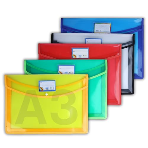 SPS File Folder, Transparent Poly-Plastic A3 Documents File Storage Bag with Snap Button Set of 5/Certificate File Folder (Multicolor) - Image 1