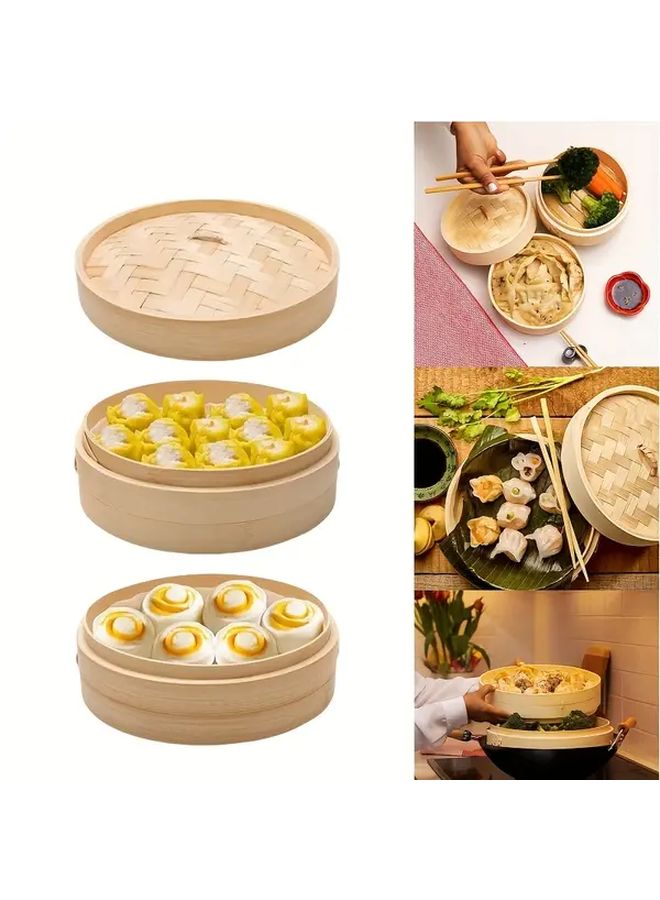 Bamboo Steamer Set 2 Cages And 1 Cover For Dumplings Vegetables Meat - Image 1