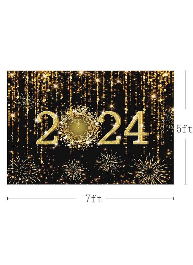 MEHOFOND 7X5Ft Black And Gold 2024 New Year Backdrop Cheers To 2024 Photography Background Hello 2024 Dripping Glitter Dots Fireworks Clock Decor Time To 2024 New Year Eve Cake Smash Photo Props  - Image 3