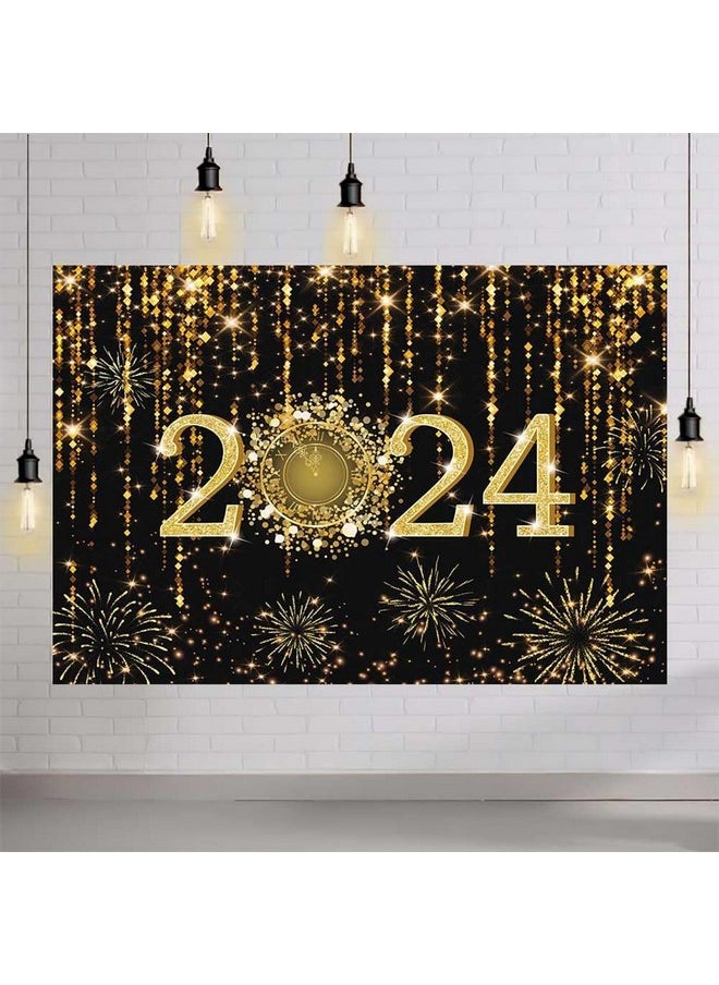 MEHOFOND 7X5Ft Black And Gold 2024 New Year Backdrop Cheers To 2024 Photography Background Hello 2024 Dripping Glitter Dots Fireworks Clock Decor Time To 2024 New Year Eve Cake Smash Photo Props  - Image 4