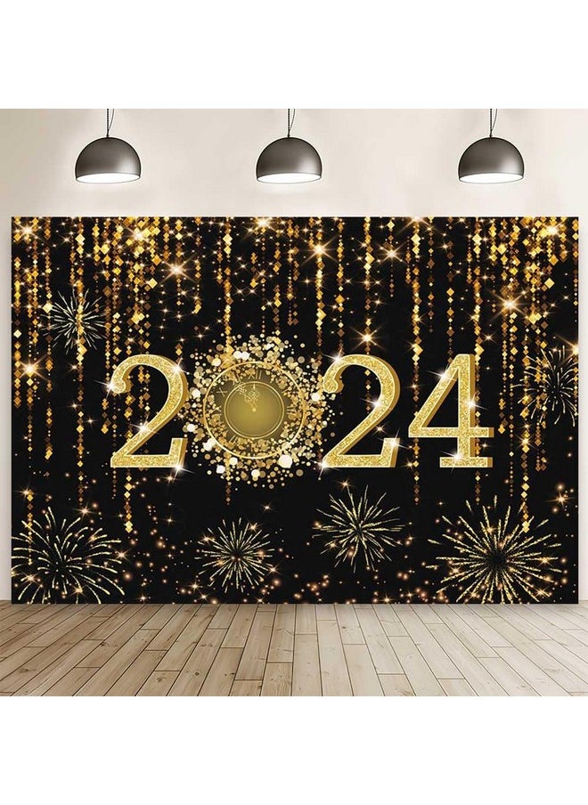 MEHOFOND 7X5Ft Black And Gold 2024 New Year Backdrop Cheers To 2024 Photography Background Hello 2024 Dripping Glitter Dots Fireworks Clock Decor Time To 2024 New Year Eve Cake Smash Photo Props  - Image 1