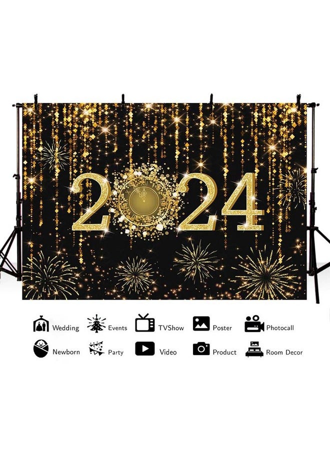MEHOFOND 7X5Ft Black And Gold 2024 New Year Backdrop Cheers To 2024 Photography Background Hello 2024 Dripping Glitter Dots Fireworks Clock Decor Time To 2024 New Year Eve Cake Smash Photo Props  - Image 2