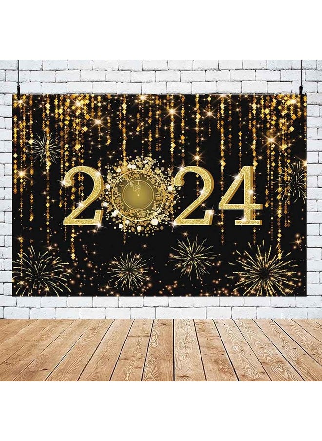 MEHOFOND 7X5Ft Black And Gold 2024 New Year Backdrop Cheers To 2024 Photography Background Hello 2024 Dripping Glitter Dots Fireworks Clock Decor Time To 2024 New Year Eve Cake Smash Photo Props  - Image 5