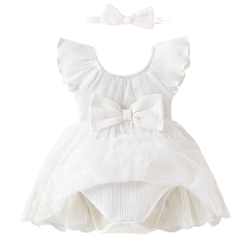 TENTIDE Baby Girl Romper Dress Ribbed Newborn Lace Boho Tutu Dresses Headband Baptism Photography Wedding Summer Outfit 0-24M(6-12 Months,White) - Image 1