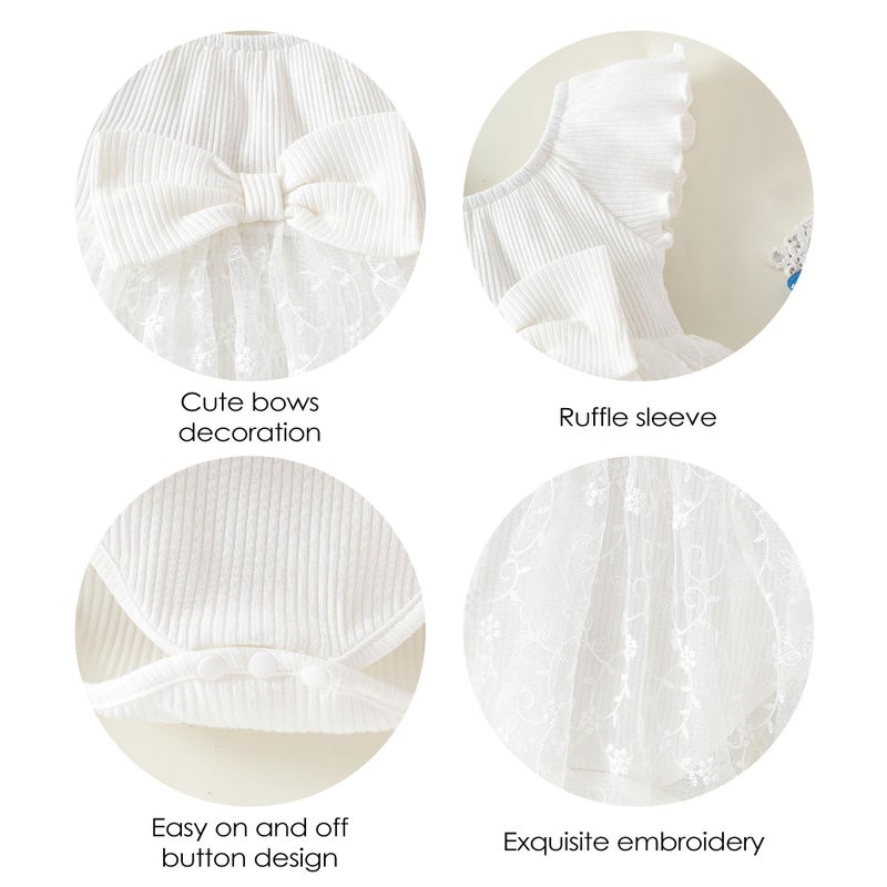 TENTIDE Baby Girl Romper Dress Ribbed Newborn Lace Boho Tutu Dresses Headband Baptism Photography Wedding Summer Outfit 0-24M(6-12 Months,White) - Image 5