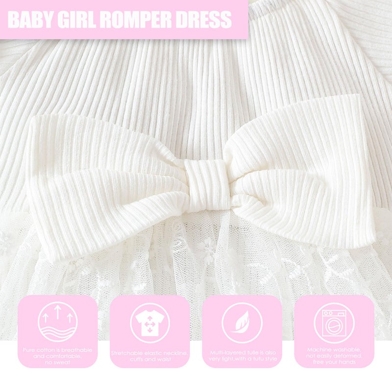 TENTIDE Baby Girl Romper Dress Ribbed Newborn Lace Boho Tutu Dresses Headband Baptism Photography Wedding Summer Outfit 0-24M(6-12 Months,White) - Image 4