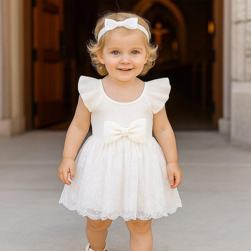 TENTIDE Baby Girl Romper Dress Ribbed Newborn Lace Boho Tutu Dresses Headband Baptism Photography Wedding Summer Outfit 0-24M(6-12 Months,White) - Image 3