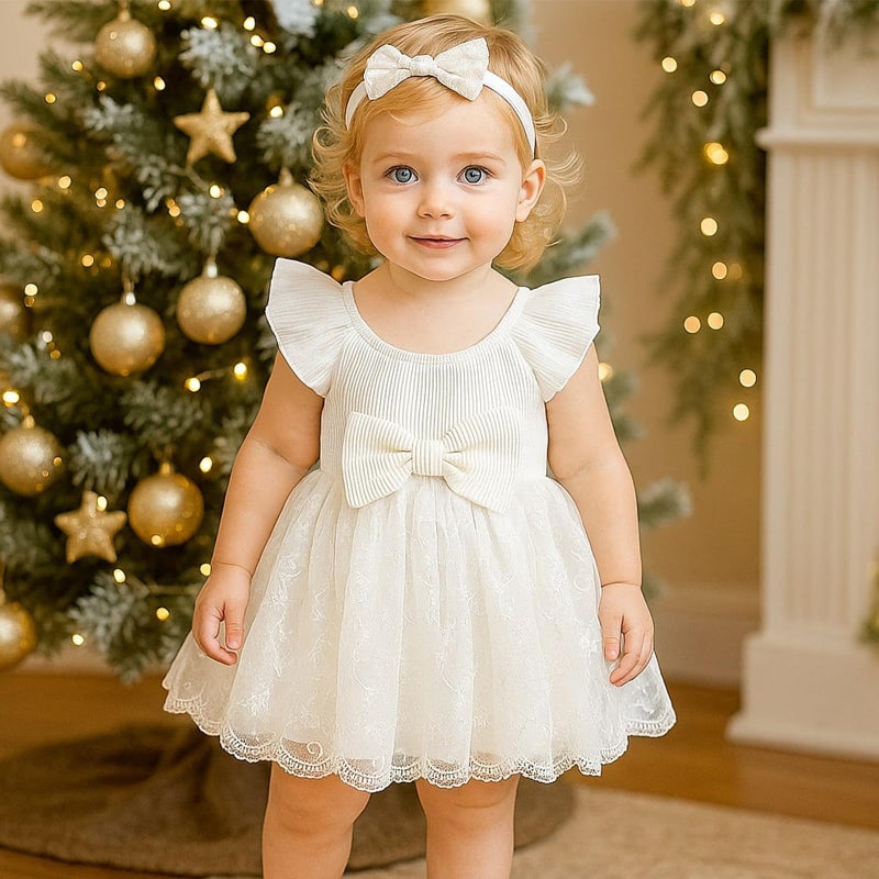 TENTIDE Baby Girl Romper Dress Ribbed Newborn Lace Boho Tutu Dresses Headband Baptism Photography Wedding Summer Outfit 0-24M(6-12 Months,White) - Image 2