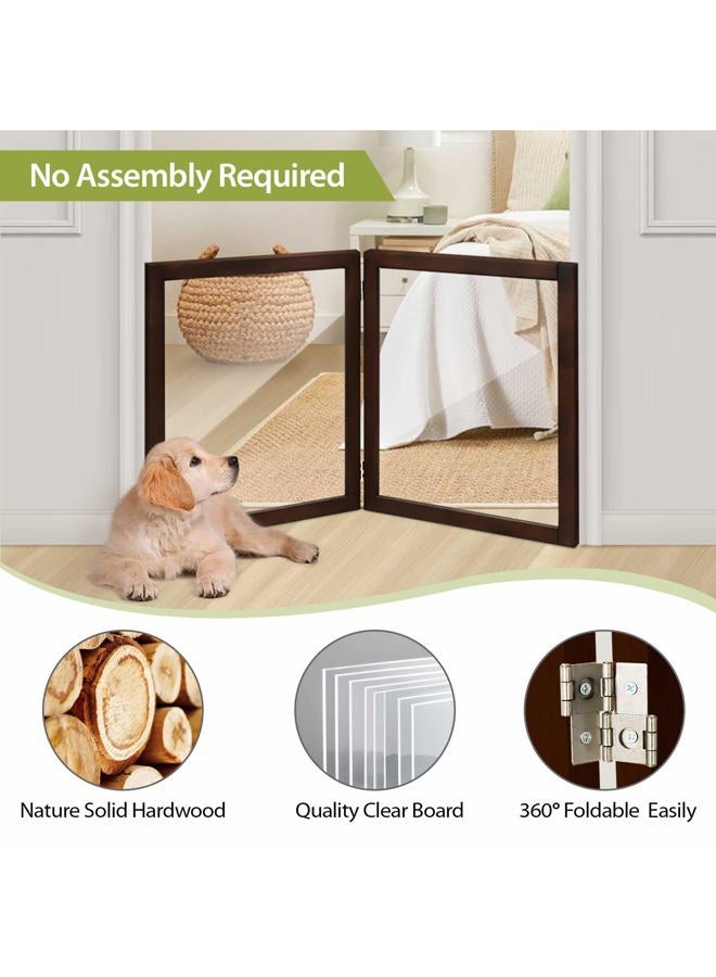 LZRS Clear Dog Gate for Indoor Use - Transparent Pet Fence with Solid Hardwood and Plastic Board, Stylish & Durable freestanding Pet Gate for Doorways, Stairs and Hallways-2 Panel Brown - Image 4