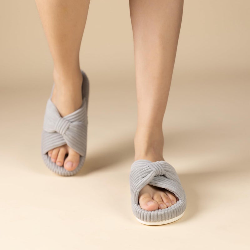 Chantomoo Slippers for Women Memory Foam House Bedroom Corduroy Bow Crossbands Slide Slipper Shoes Comfy Trendy Gift Slippers Grey Size 9 10 8.5 - Image 2