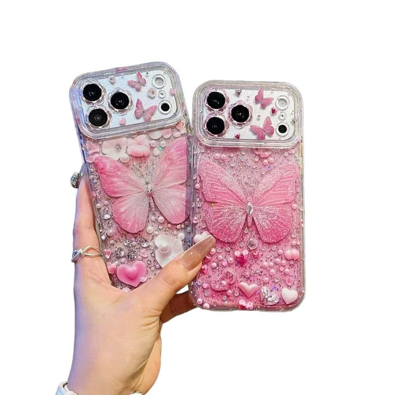 LS غطاء واقي بسيليكون لـ iPhone 15 / 15 Plus / 15 Pro / 15 Pro Max مع حماية من السقوط ولمعان براق مع مقاوم للصدمات مع نقشة فراشة باللون وردي من السيليكون باللون الوردي - Image 3