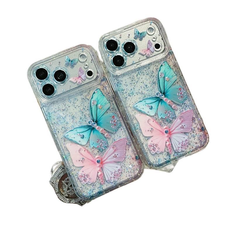LS غطاء واقي بسيليكون لـ iPhone 15 / 15 Plus / 15 Pro / 15 Pro Max مع حماية من السقوط ولمعان براق مع مقاوم للصدمات مع نقشة فراشة باللون وردي من السيليكون باللون الوردي - Image 4