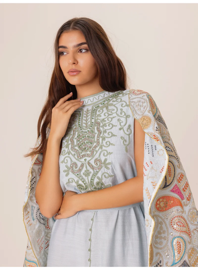 IKKXA Floral Embroidery Luxury Cape Jalabiya IK1043 Blue