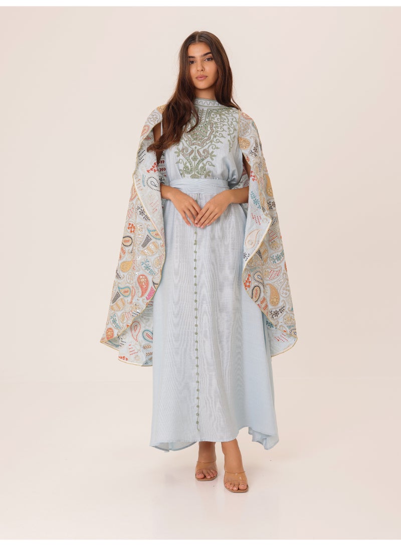 IKKXA Floral Embroidery Luxury Cape Jalabiya IK1043 Blue - Image 3