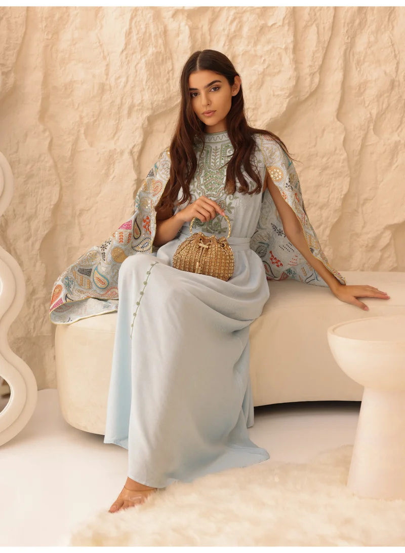 IKKXA Floral Embroidery Luxury Cape Jalabiya IK1043 Blue
