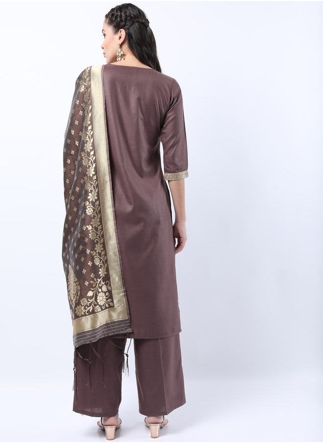 Ketch - Embroidered Lace Detail Kurta and Palazzo with Floral Texture Dupatta Set by Styli - Image 1