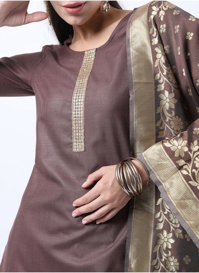 Ketch - Embroidered Lace Detail Kurta and Palazzo with Floral Texture Dupatta Set by Styli - Image 1